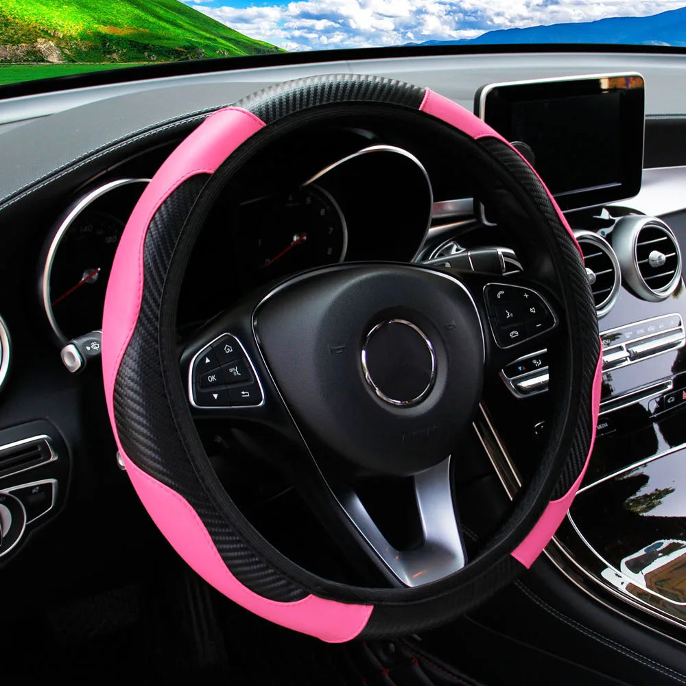 Carbon Fiber Texture Leather Steering Wheel Cover - Universal 15"