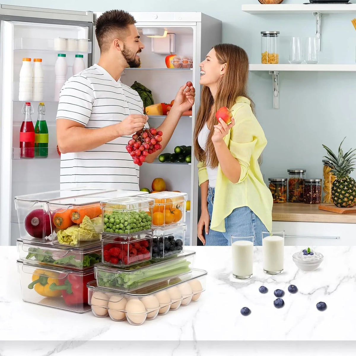Clear fridge organizer bins in use in the refrigerator