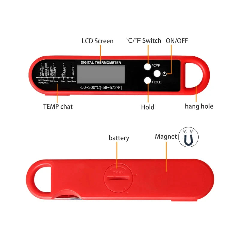 Instant-Read Digital Meat Thermometer – Foldable Probe, Backlit & Waterproof
