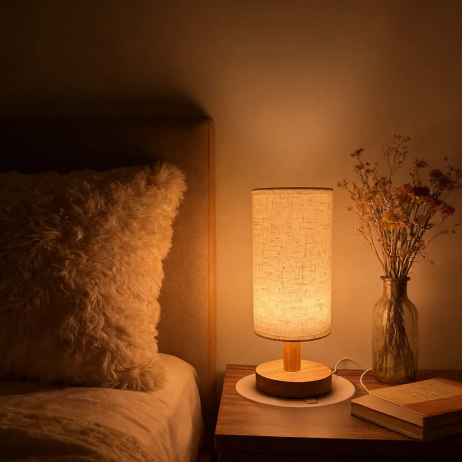 Linen Shade Wooden Bedside Lamp – USB Powered, Dimmable