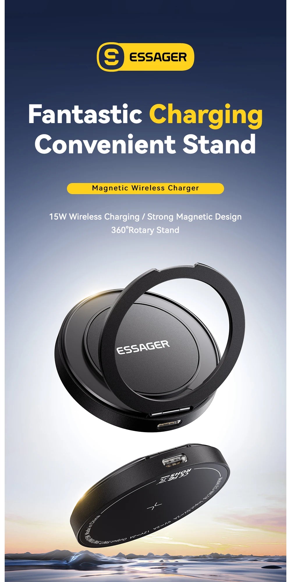 ESSAGER magnetic wireless charger with fold-out ring stand on a product introduction graphic.