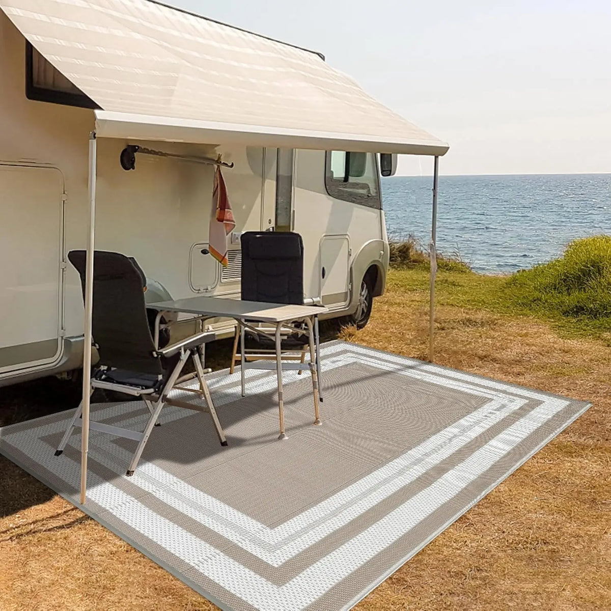 Large Reversible Outdoor Rug 9' x 12' – Waterproof Plastic Straw Patio & RV Mat, Light Coffee