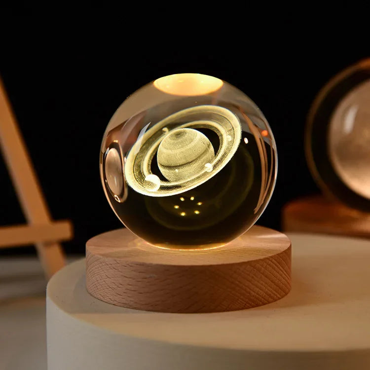 3D Saturn Crystal Ball Night Light with Wood Base