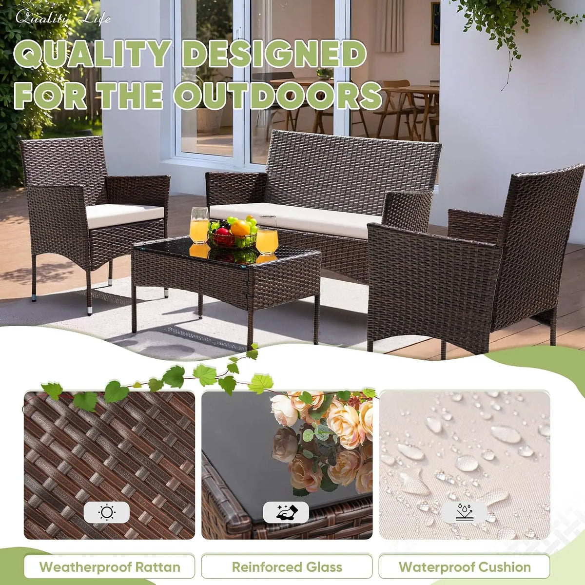 4-Piece Wicker Patio Conversation Set – Loveseat, 2 Armchairs & Glass-Top Coffee Table