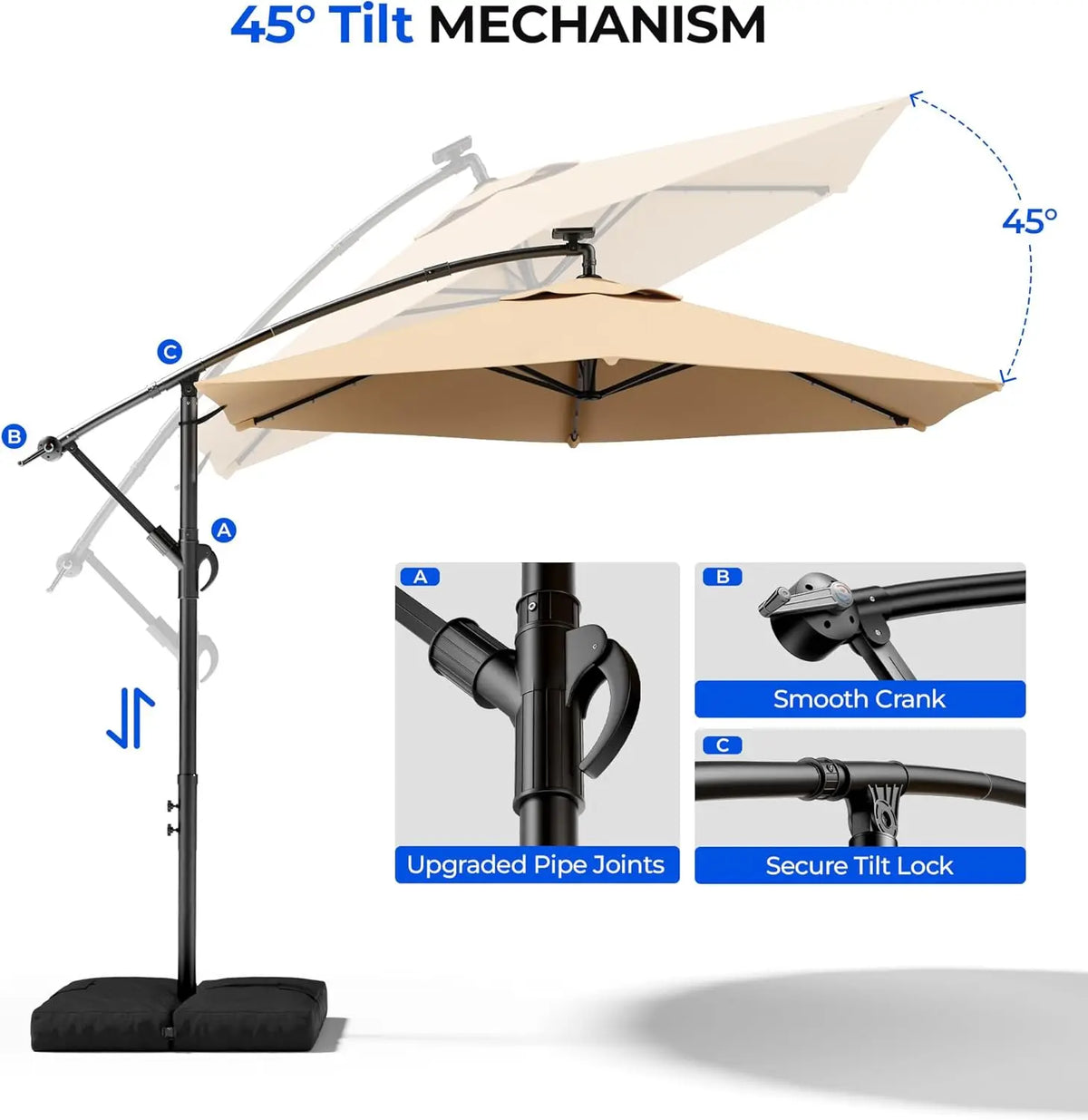 10 ft Solar LED Cantilever Patio Umbrella with Weighted Base – Tilting Offset Umbrella, Beige