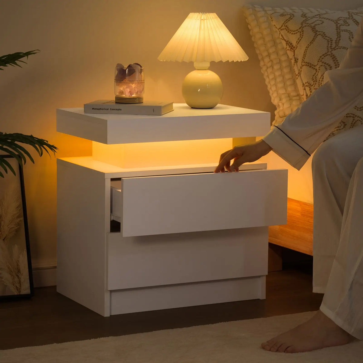Modern LED Nightstand with 2 Drawers – RGB Bedside Table
