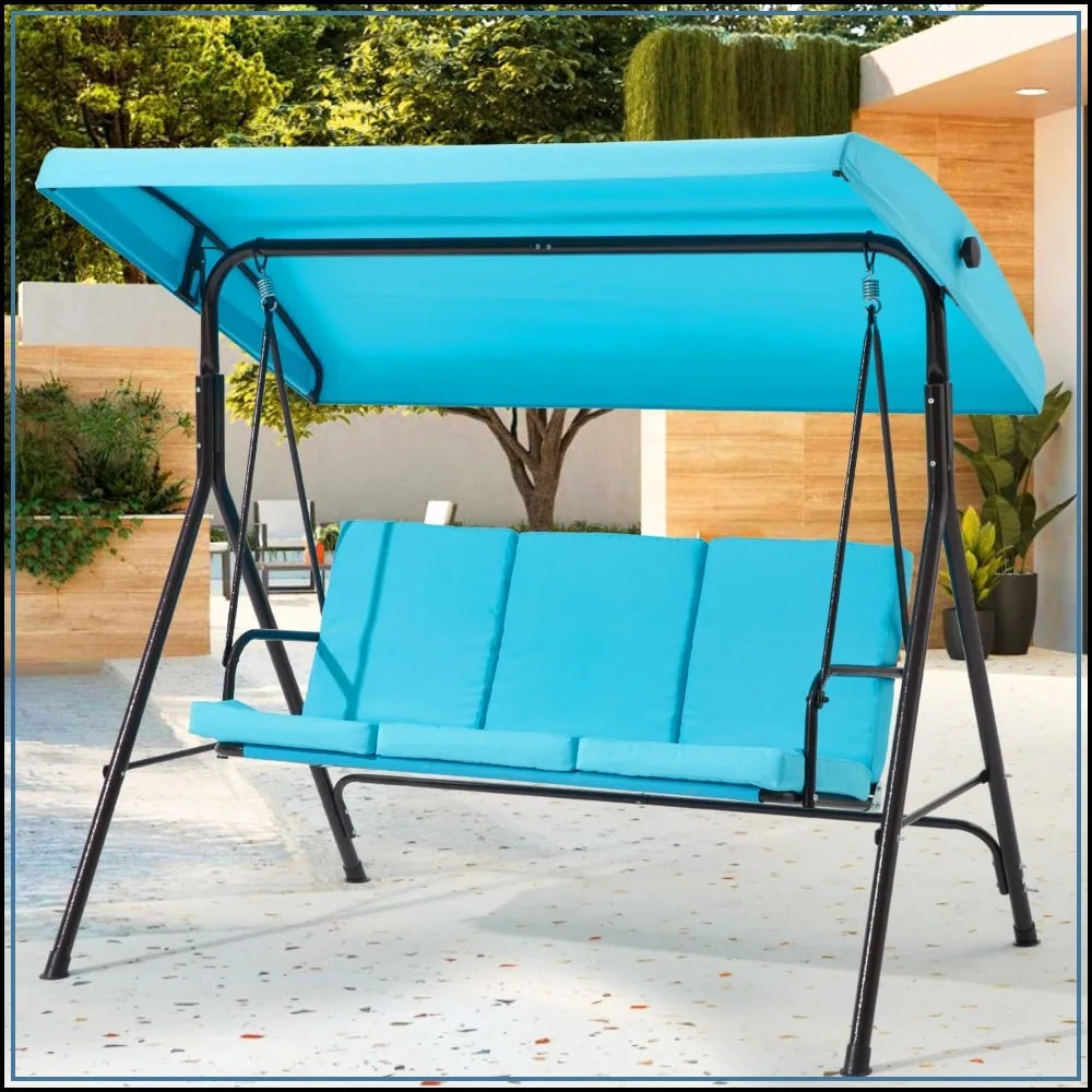 3-Seat Canopy Porch Swing with Cushions – Lake Blue