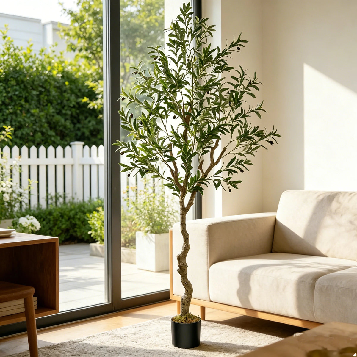 Artificial Olive Tree in Black Pot – Faux Indoor Olive Plant with Natural Wood Trunk, 5–8 ft