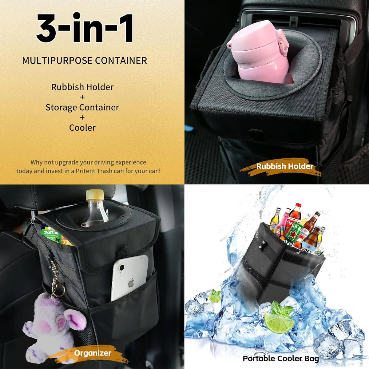 Leakproof Car Trash Can with Lid & Storage Pockets