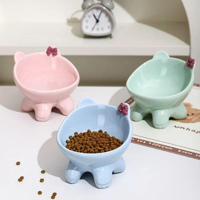 Tilted Ceramic Cat Bowl with Bow - Elevated Feeding Dish