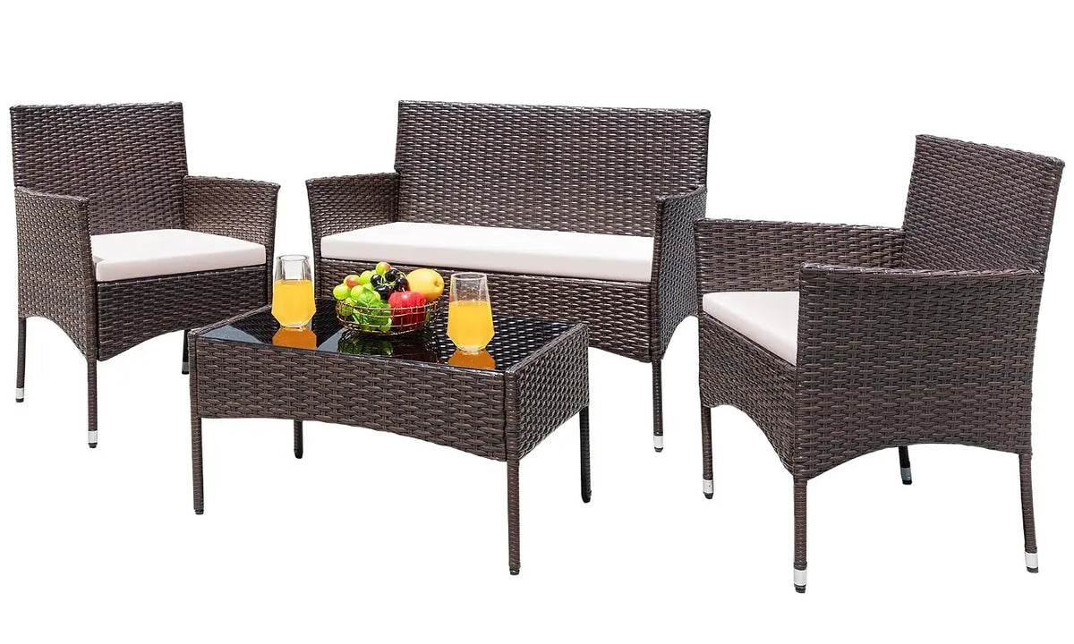 4-Piece Wicker Patio Conversation Set – Loveseat, 2 Armchairs & Glass-Top Coffee Table