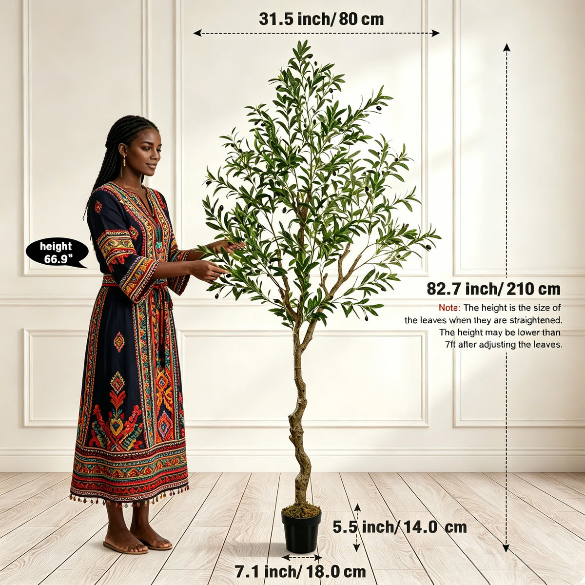Artificial Olive Tree in Black Pot – Faux Indoor Olive Plant with Natural Wood Trunk, 5–8 ft