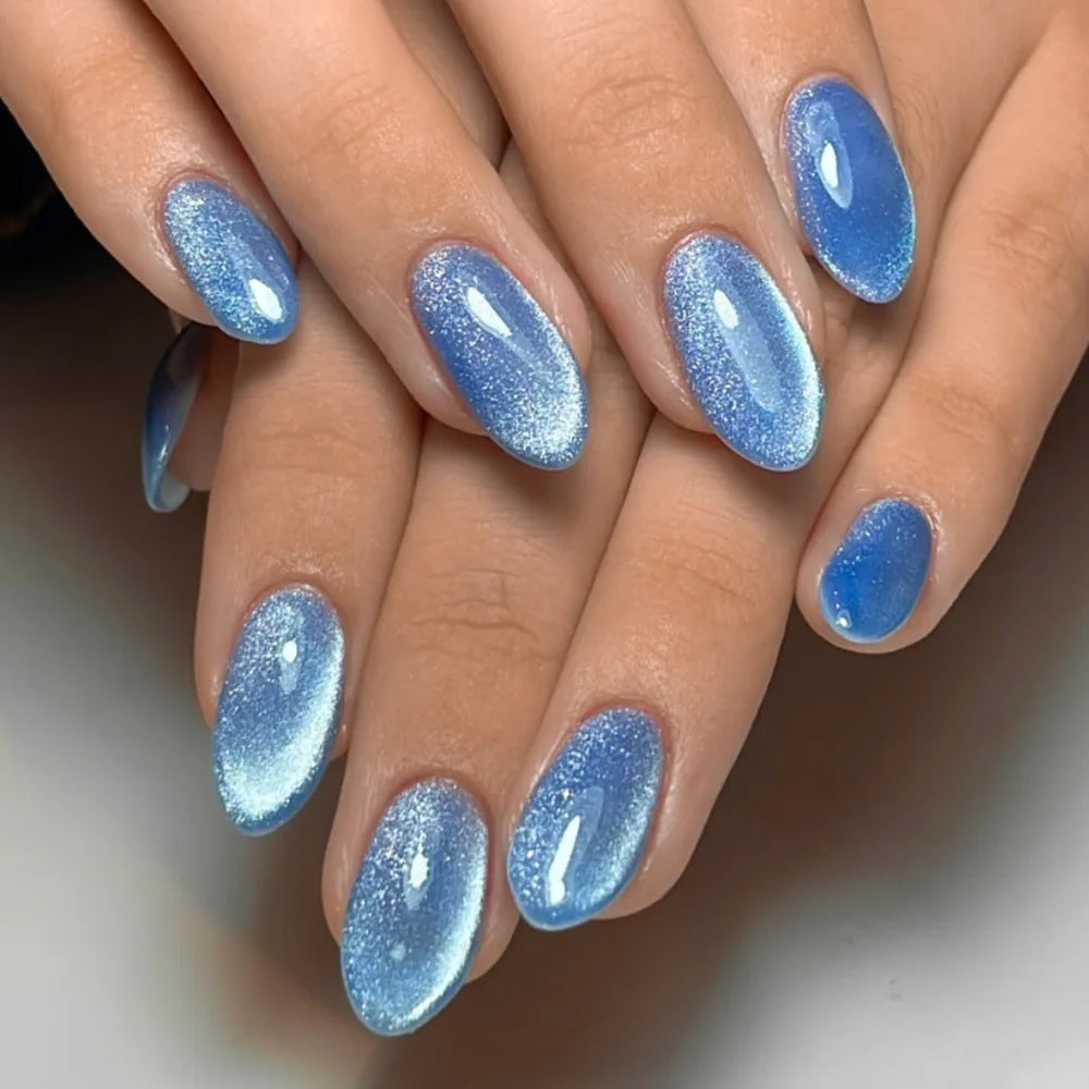 Glossy Cat-Eye Almond Press-On Nails, 24 pcs (12 Sizes)