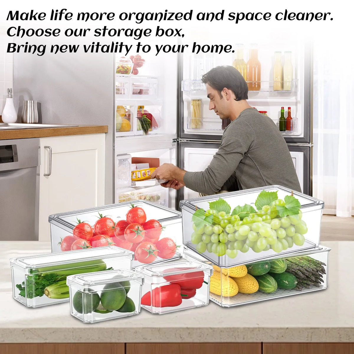 Clear Stackable Fridge Organizer Bin with Lid (Sold Individually)