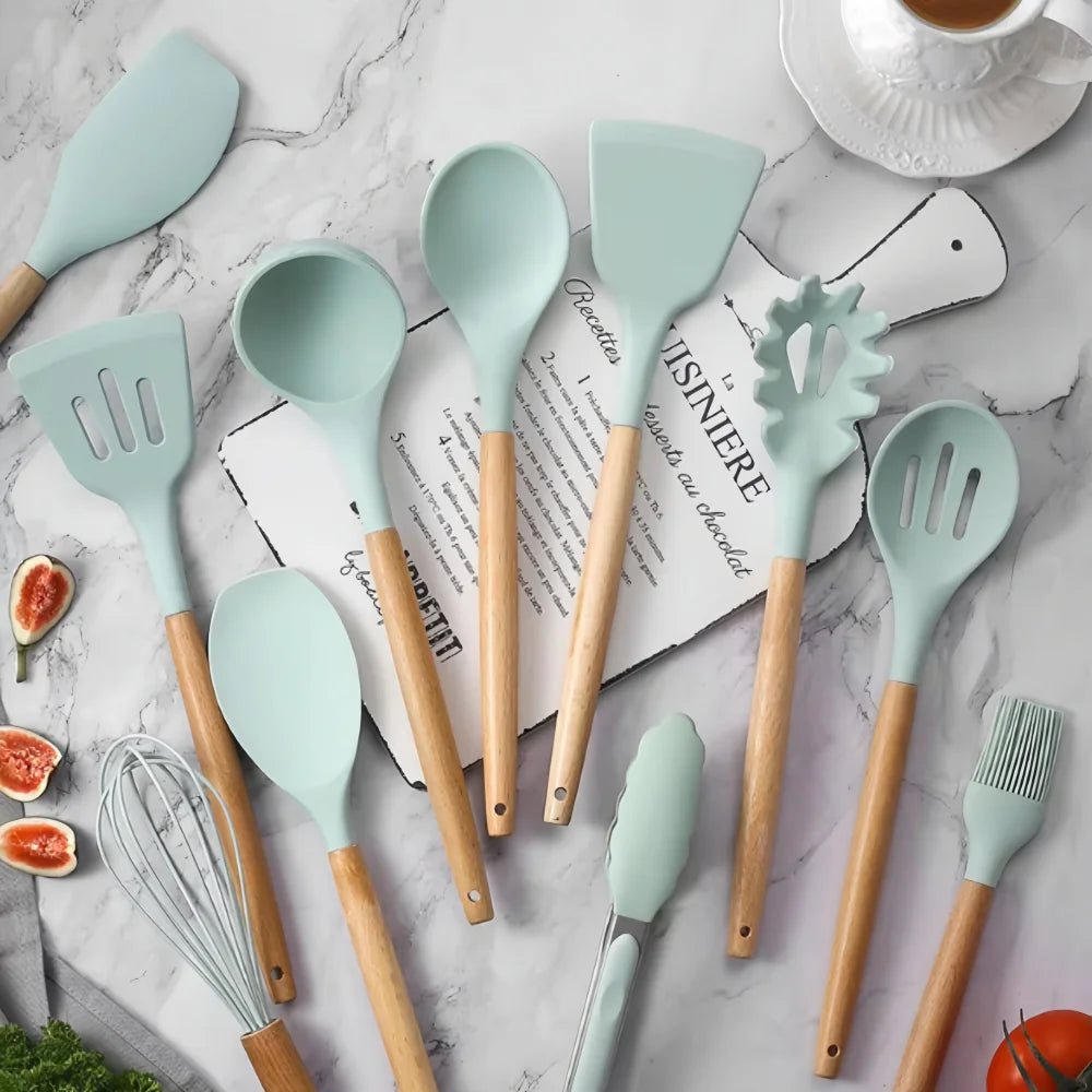 12-Piece Silicone Cooking Utensil Set with Wooden Handles & Holder