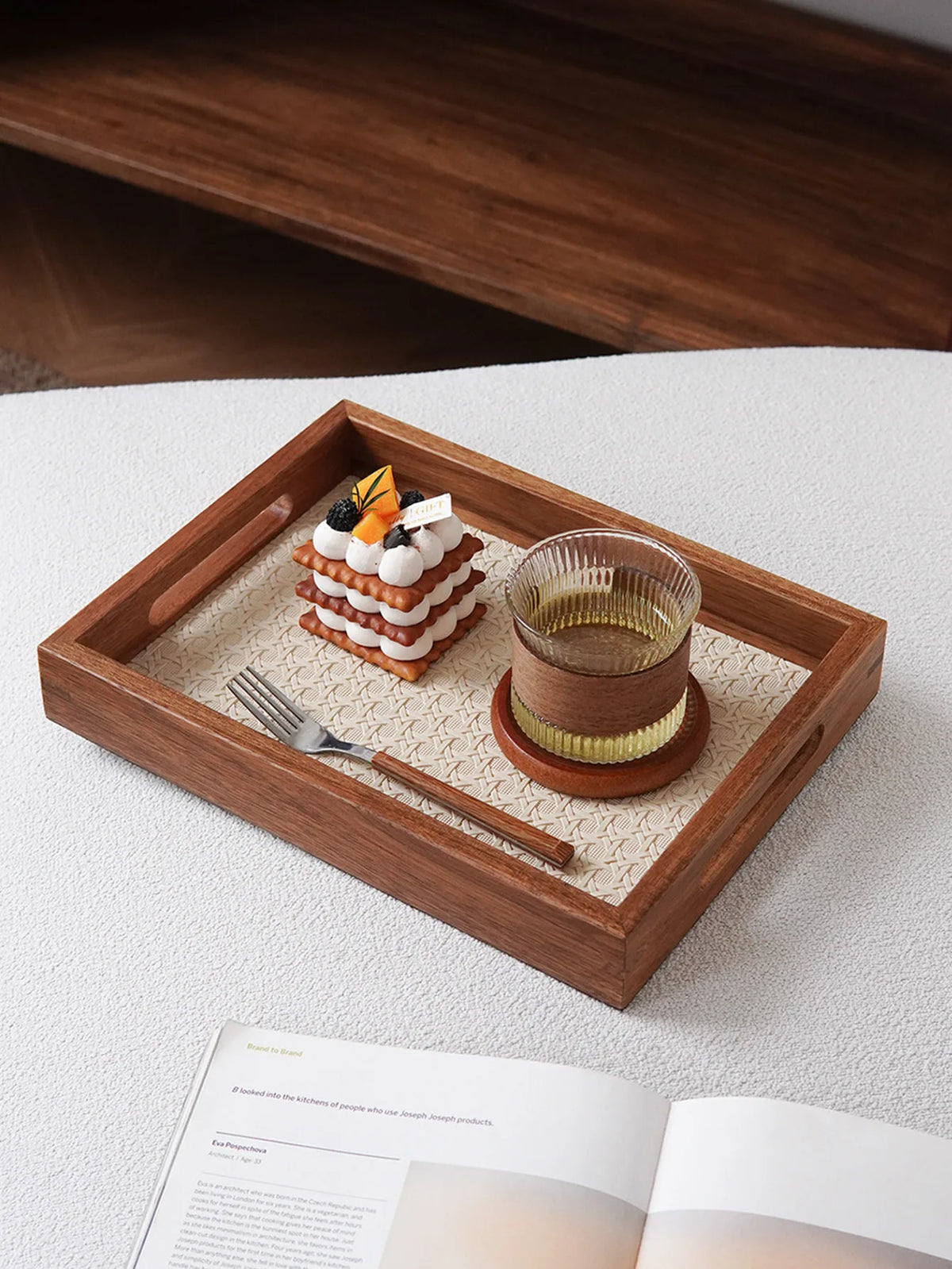 Walnut-Finish Wood Vanity Tray with Woven Rattan-Look Base
