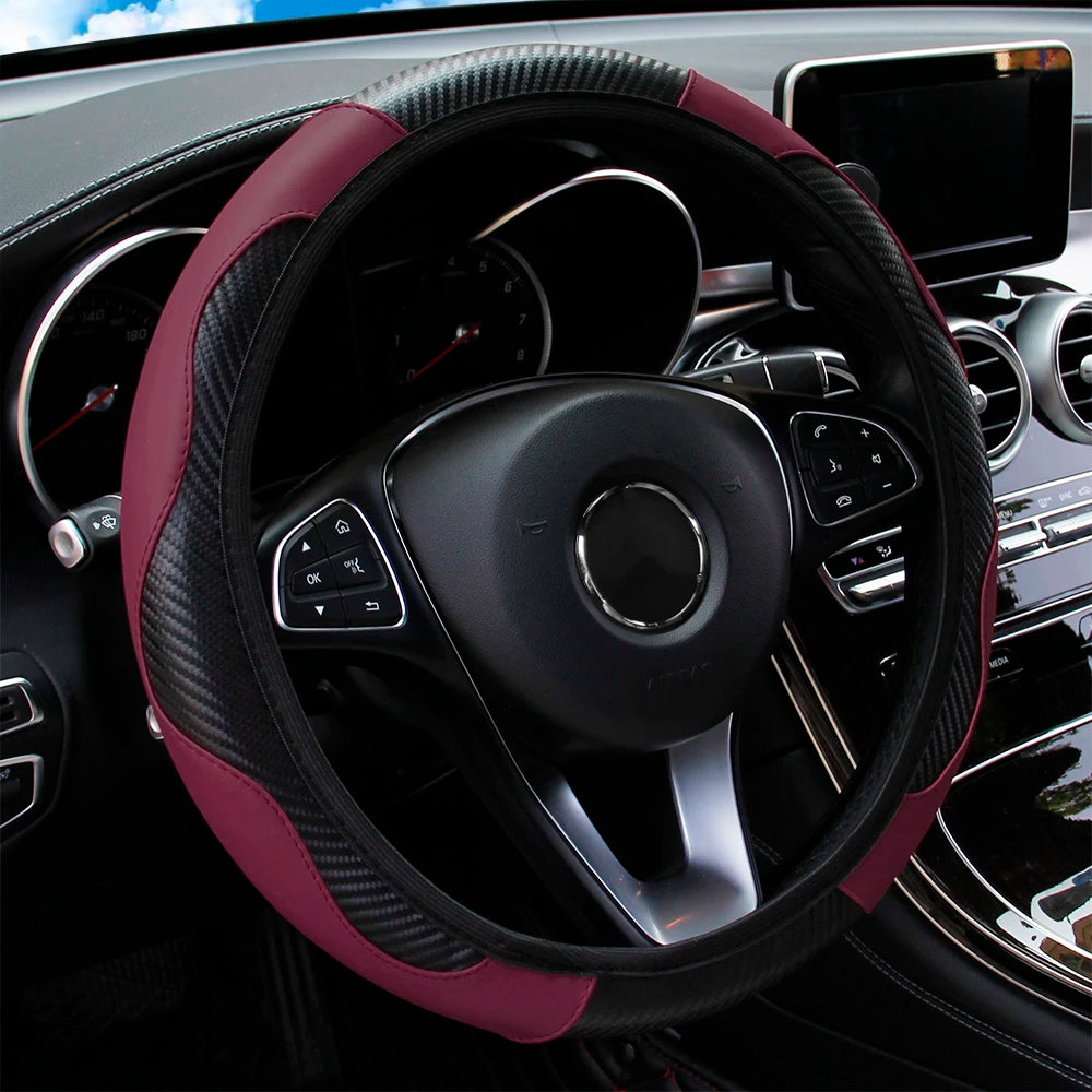 Carbon Fiber Texture Leather Steering Wheel Cover - Universal 15"
