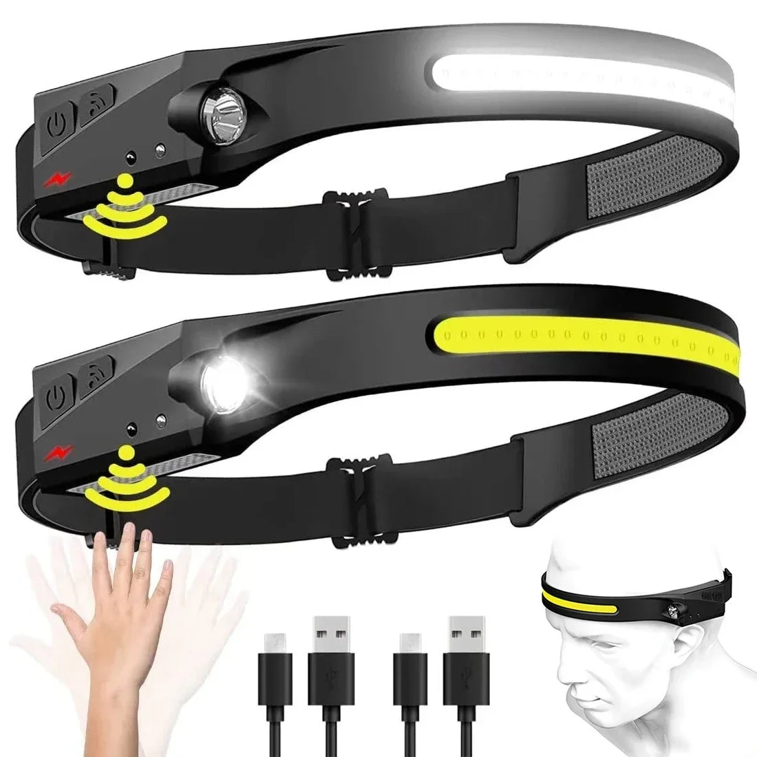 Motion-Sensor LED Headlamp – USB Rechargeable, 230° Wide Beam, 6 Modes