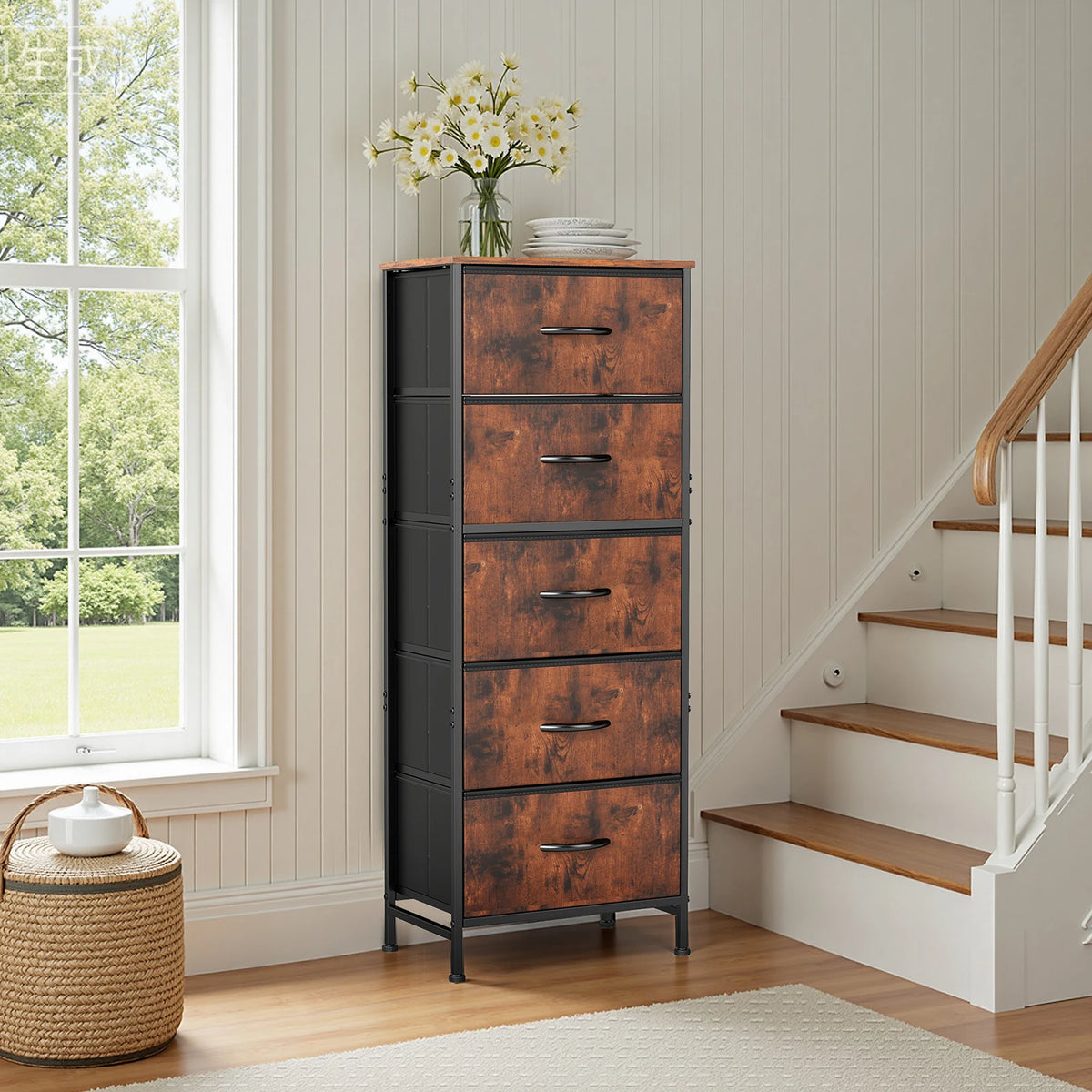 Modern 5-Drawer Fabric Dresser with Steel Frame