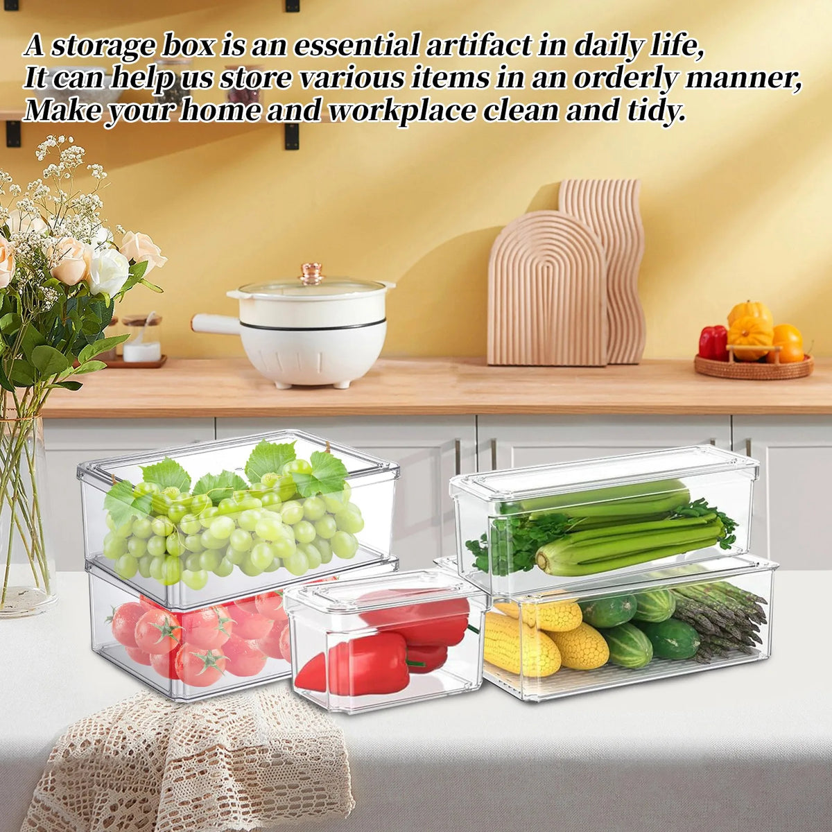 Clear storage bins with lids on a kitchen counter