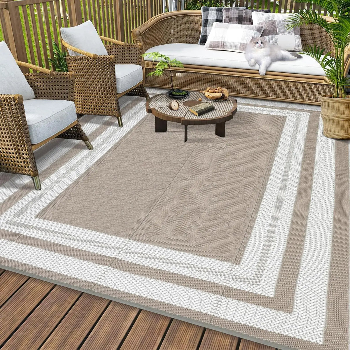 Large Reversible Outdoor Rug 9' x 12' – Waterproof Plastic Straw Patio & RV Mat, Light Coffee