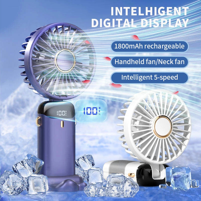 Foldable Neck & Handheld Fan with Phone Stand – 5-Speed Rechargeable