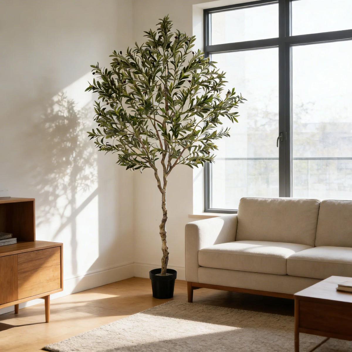 Artificial Olive Tree in Black Pot – Faux Indoor Olive Plant with Natural Wood Trunk, 5–8 ft
