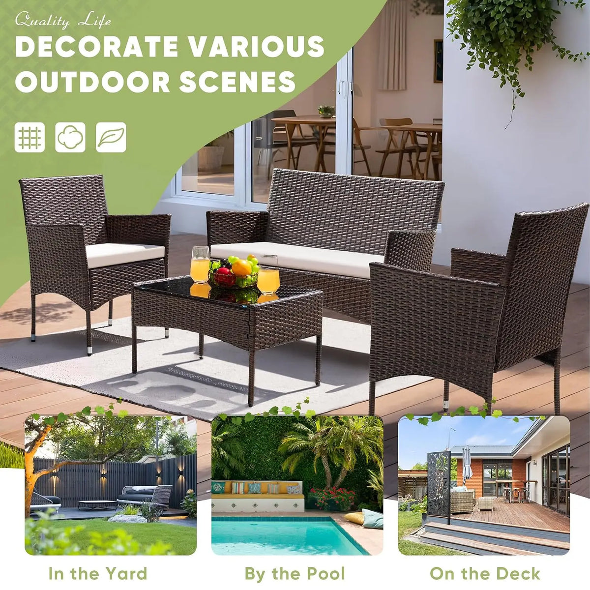 4-Piece Wicker Patio Conversation Set – Loveseat, 2 Armchairs & Glass-Top Coffee Table
