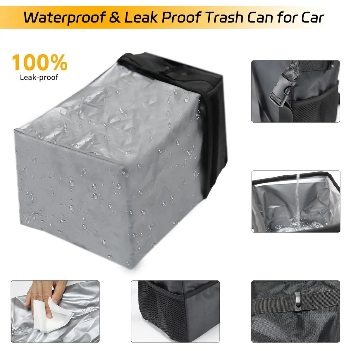 Leakproof Car Trash Can with Lid & Storage Pockets