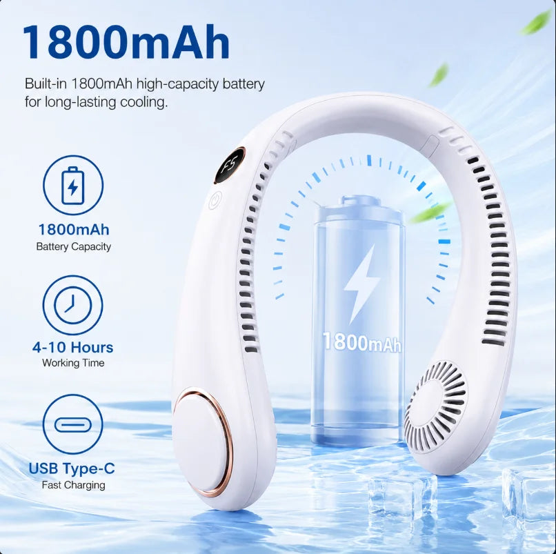 Bladeless Neck Fan – Hands-Free Wearable Cooler, 5 Speeds, LED Display