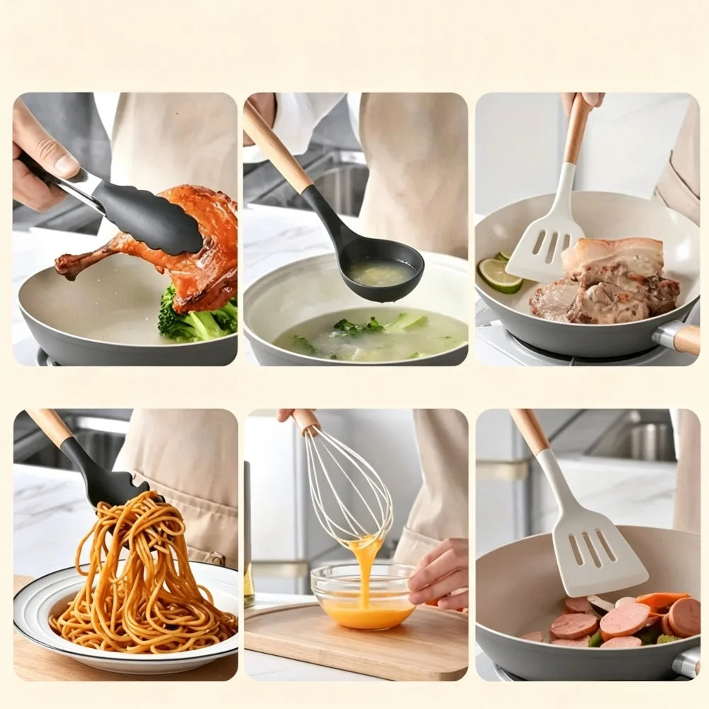 12-Piece Silicone Cooking Utensil Set with Wooden Handles & Holder