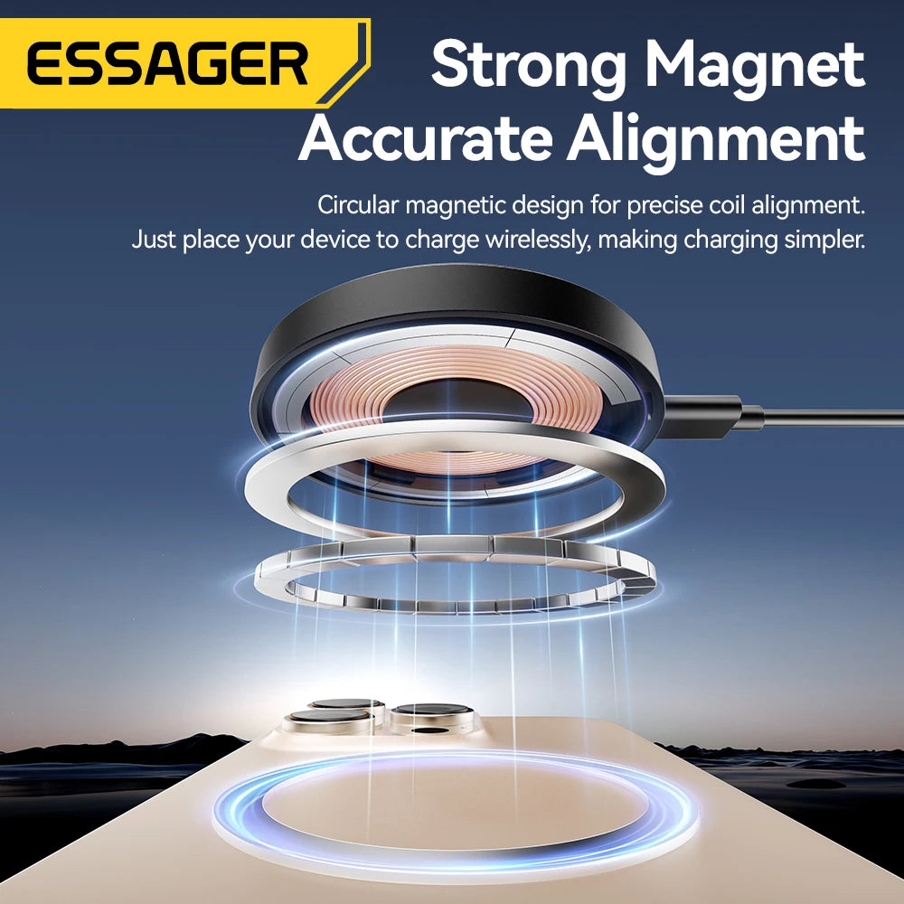 Exploded illustration of magnetic alignment inside the ESSAGER wireless charger.