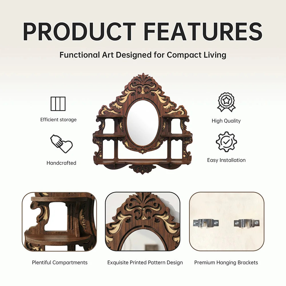 Ornate Wood Oval Mirror with Display Shelves