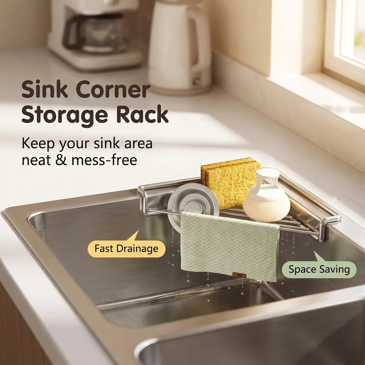 Stainless Steel Sink Corner Rack for Sponges & Brushes