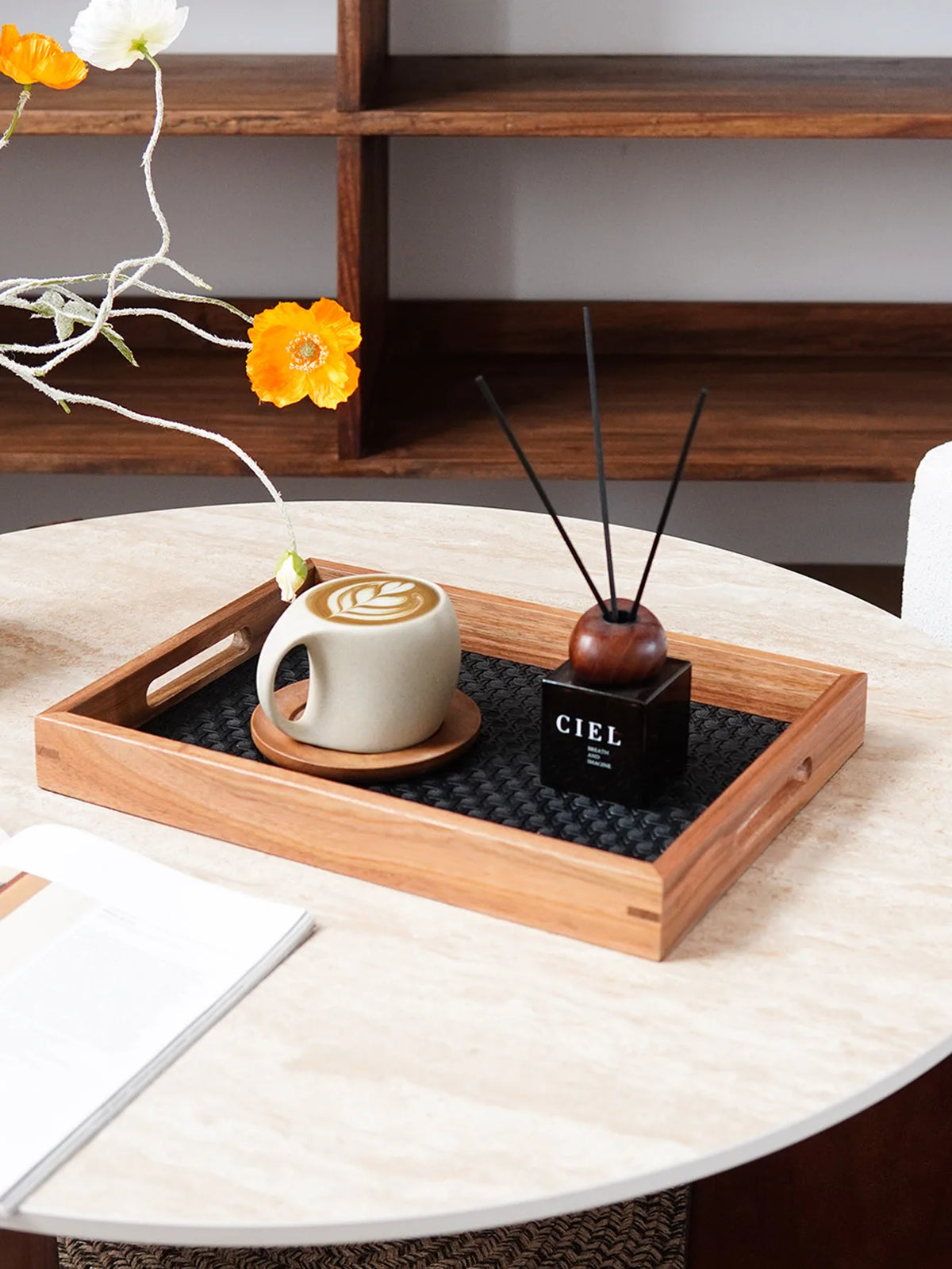 Walnut-Finish Wood Vanity Tray with Woven Rattan-Look Base