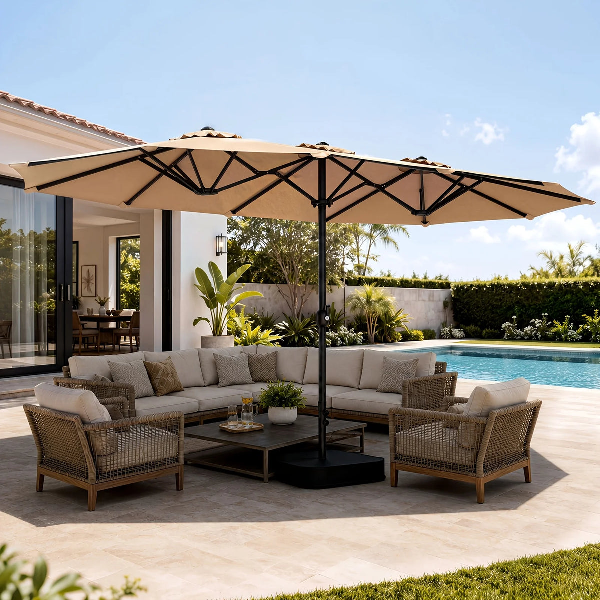 15 ft Double-Sided Rectangle Patio Umbrella with Base – Beige