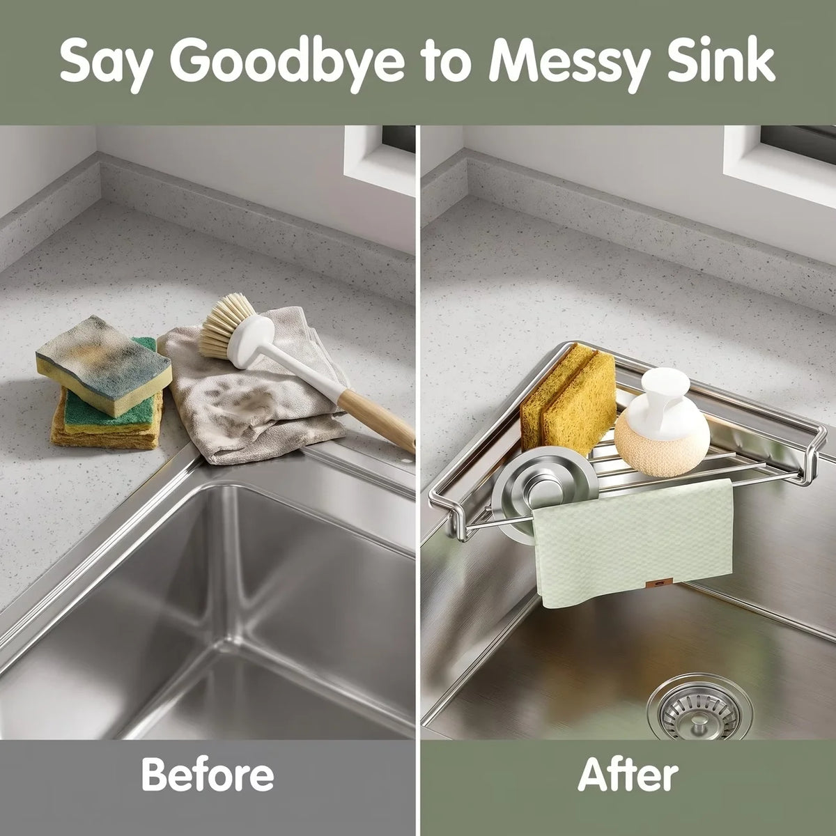 Stainless Steel Sink Corner Rack for Sponges & Brushes