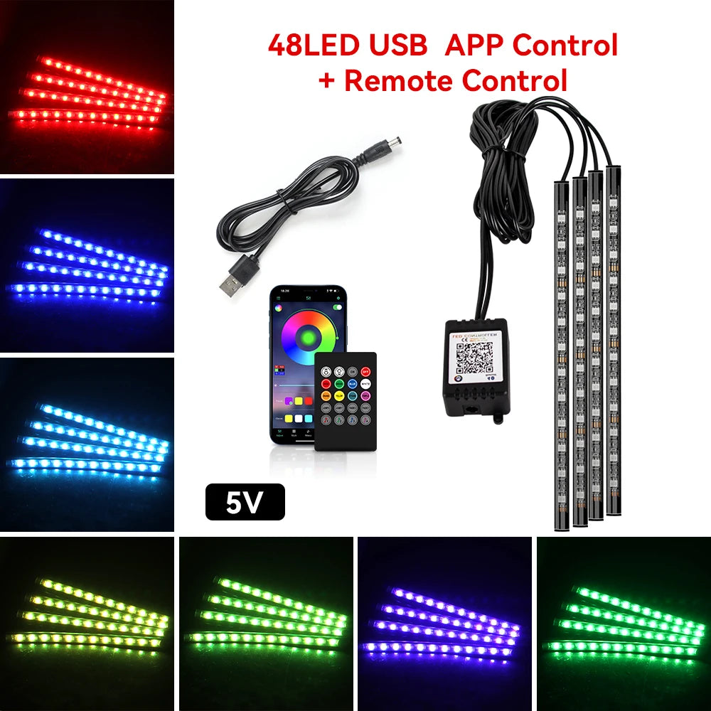 RGB Footwell Ambient Light Kit, 4 Strips with App & Remote (USB or 12V)