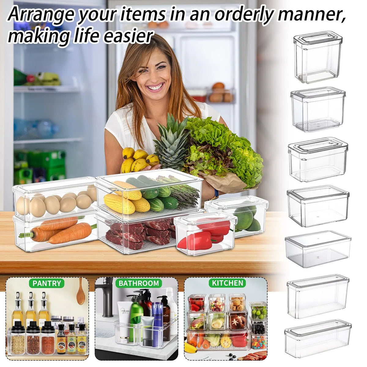 Clear Stackable Fridge Organizer Bin with Lid (Sold Individually)