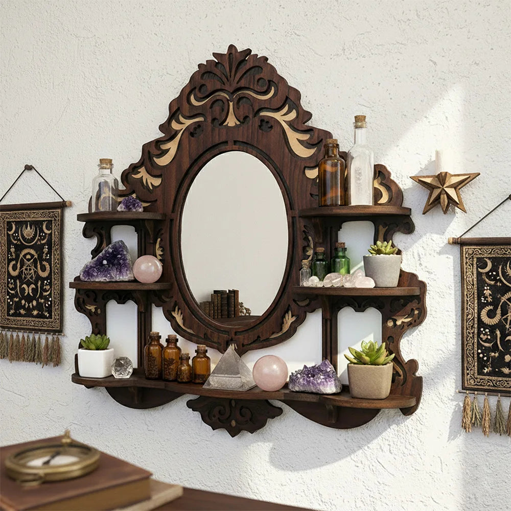 Ornate Wood Oval Mirror with Display Shelves