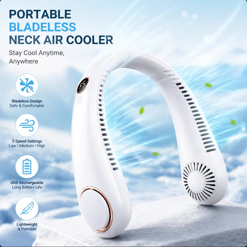 Bladeless Neck Fan – Hands-Free Wearable Cooler, 5 Speeds, LED Display