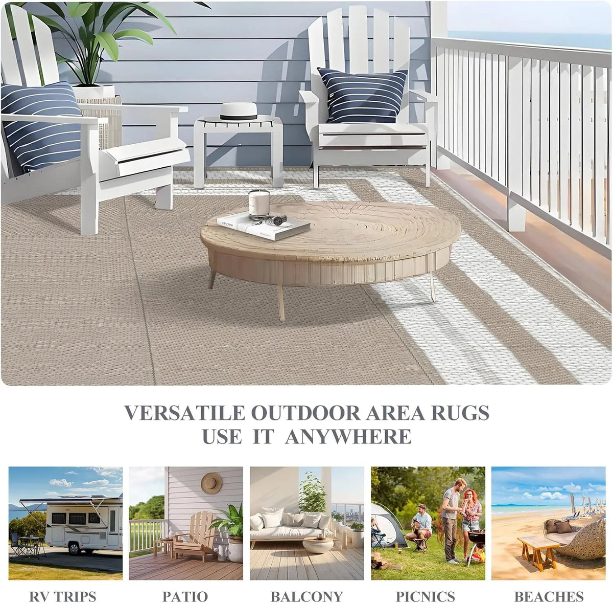 Large Reversible Outdoor Rug 9' x 12' – Waterproof Plastic Straw Patio & RV Mat, Light Coffee