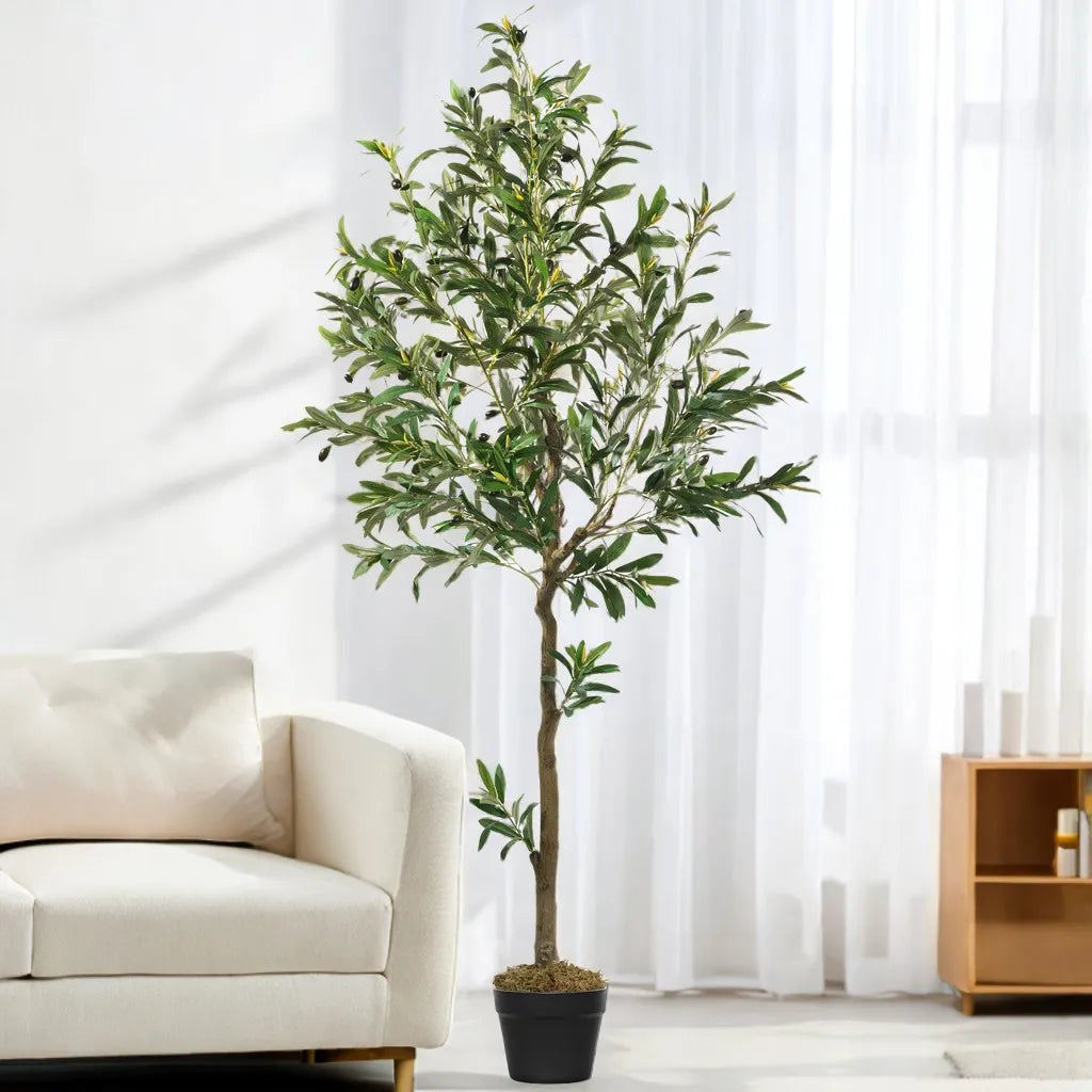 Artificial Olive Tree in Black Pot – Faux Indoor Olive Plant with Natural Wood Trunk, 5–8 ft