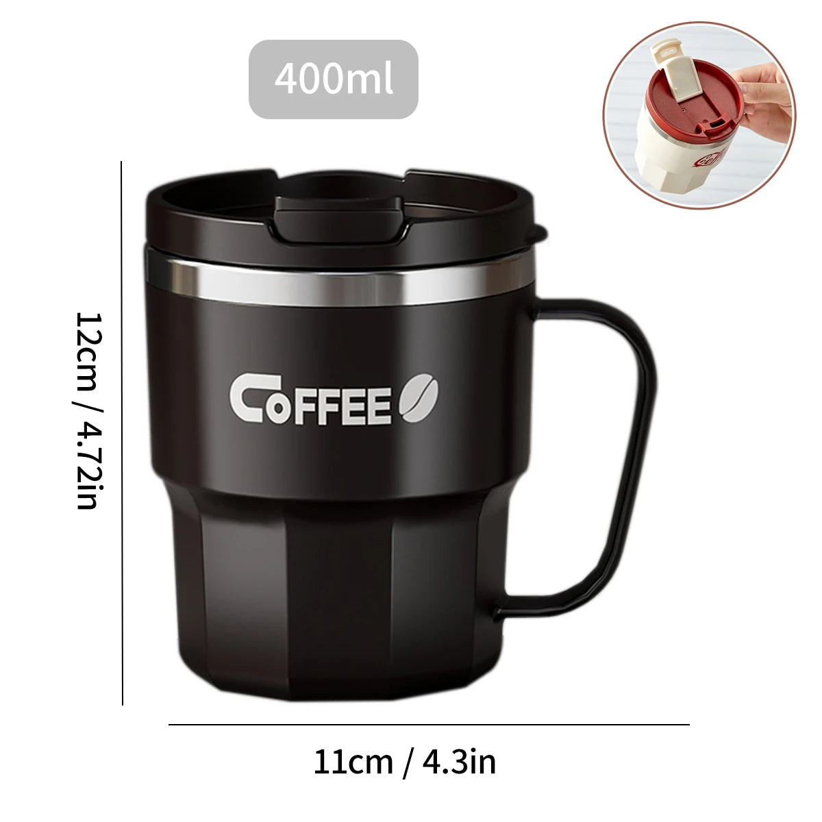 Insulated Stainless Steel Coffee Mug with Lid & Handle (13.5oz)