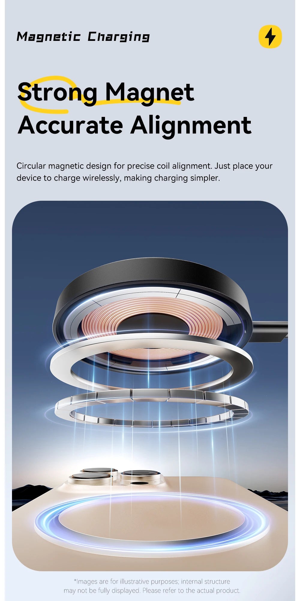 Exploded magnetic-alignment illustration for the round wireless charging pad.