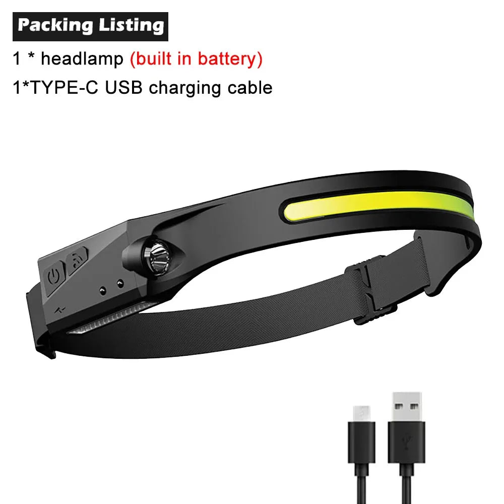 Motion-Sensor LED Headlamp – USB Rechargeable, 230° Wide Beam, 6 Modes