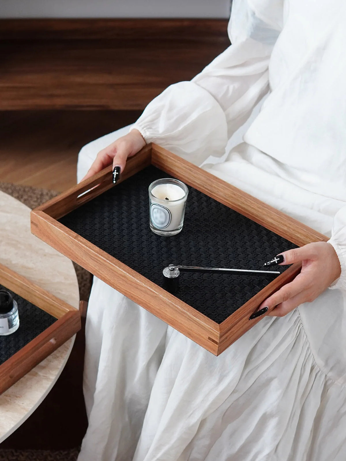 Walnut-Finish Wood Vanity Tray with Woven Rattan-Look Base