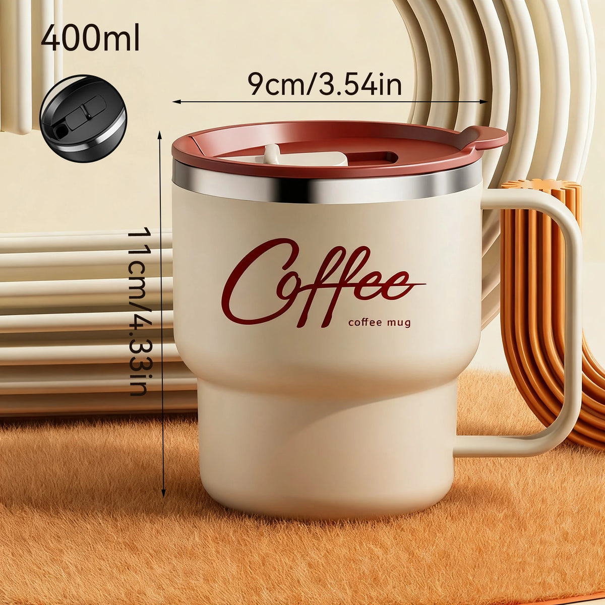 Insulated Stainless Steel Coffee Mug with Lid & Handle (13.5oz)