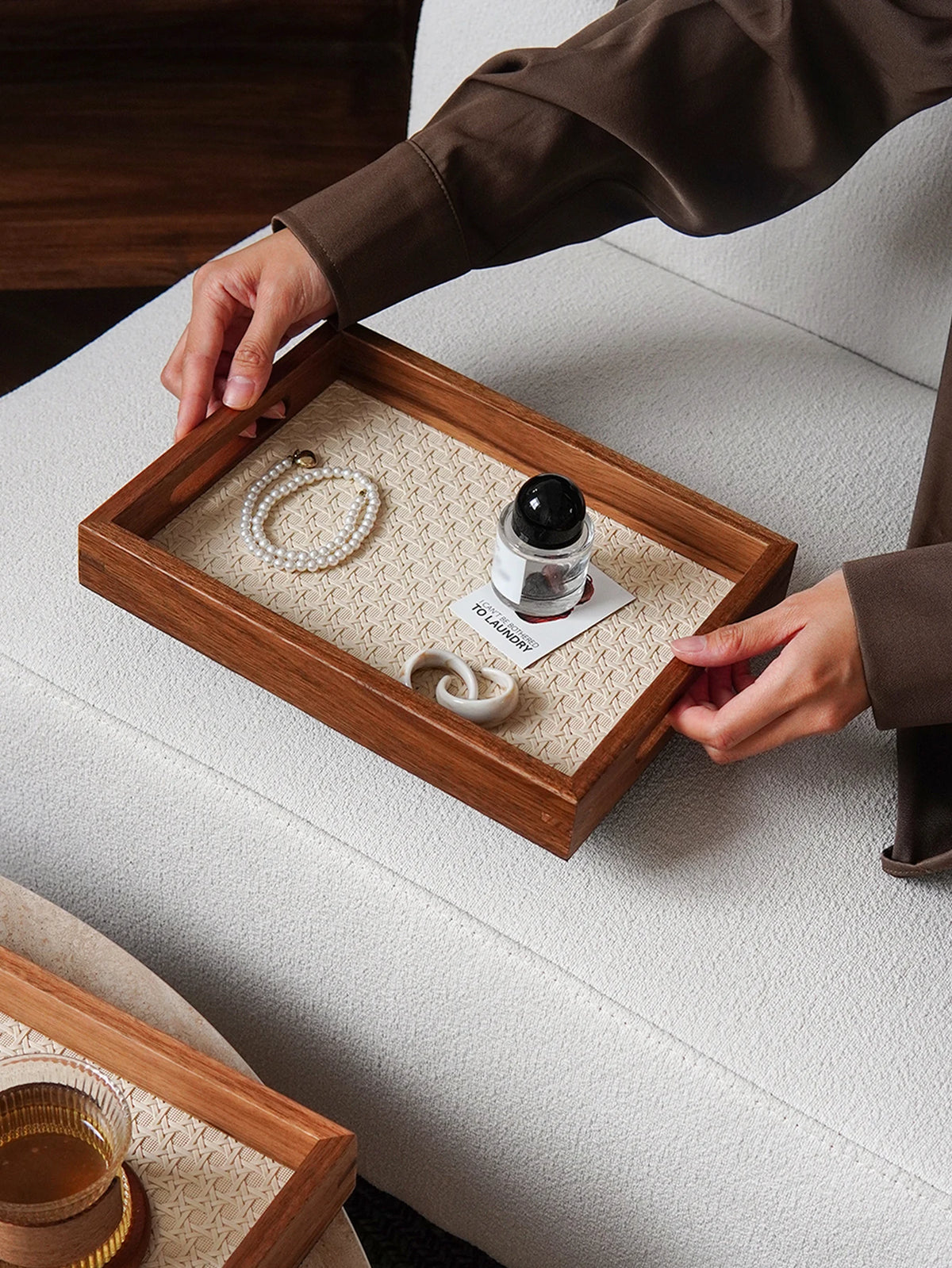 Walnut-Finish Wood Vanity Tray with Woven Rattan-Look Base