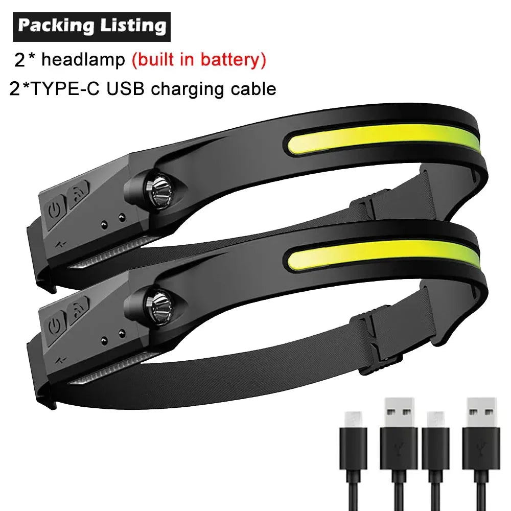 Motion-Sensor LED Headlamp – USB Rechargeable, 230° Wide Beam, 6 Modes